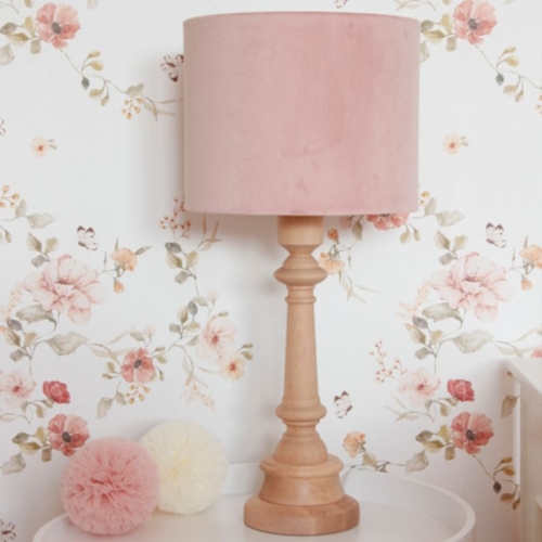 lampa stojąca drewniana różowa aksamitna