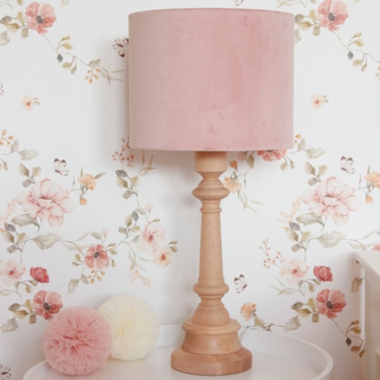 lampa stojąca drewniana różowa aksamitna