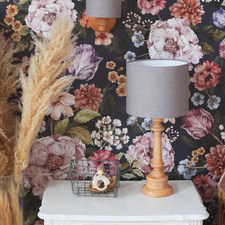 lampa lniana drewniana szara vintage