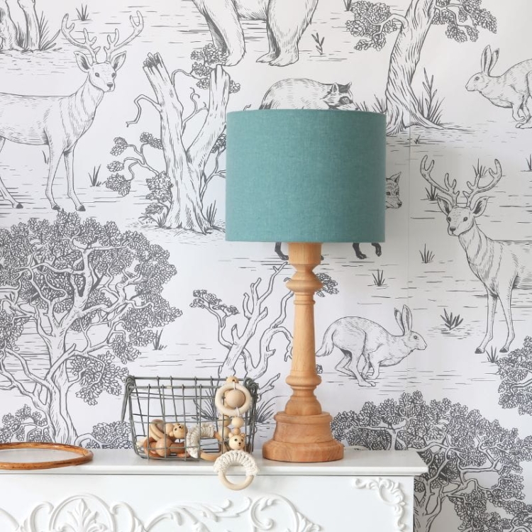 lampa stojąca drewniana lniana miętowa boho