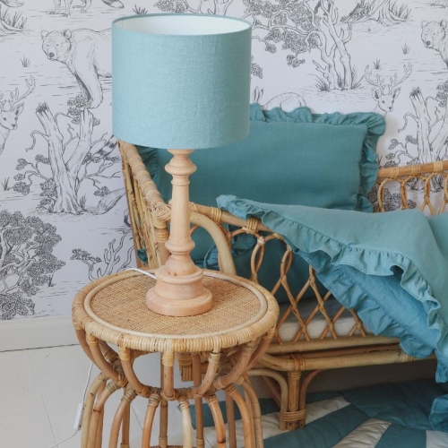 lampa stojąca drewniana lniana miętowa boho