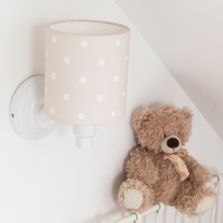 Kinkiet beżowy w białe kropki Lovely Dots, idealna lampka nocna ścienna dla pokoju dziecka, chłopca lub dziewczynki.