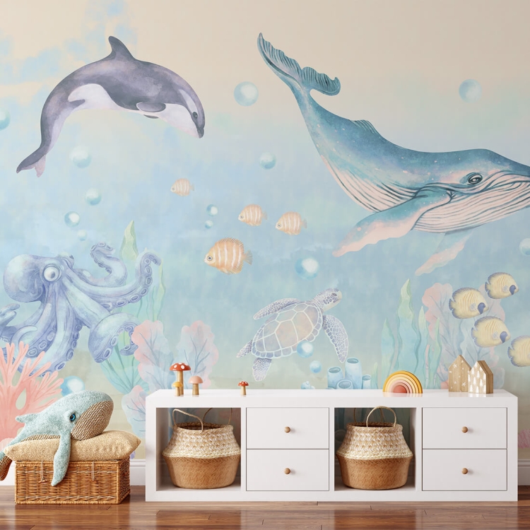 tapeta morska niebieska ocean wieloryby do pokoju dziecka