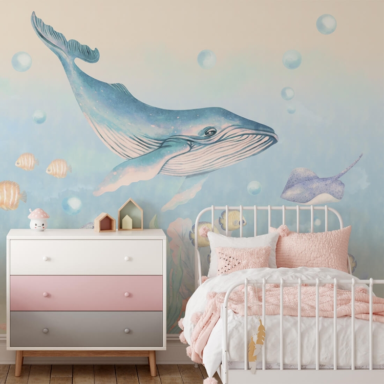 tapeta morska niebieska ocean wieloryby do pokoju dziecka