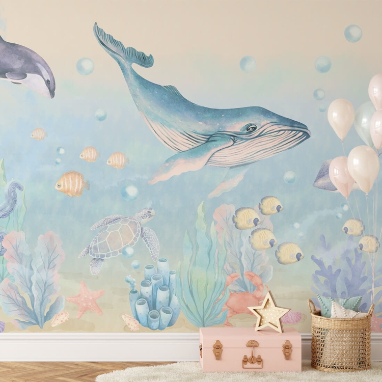 tapeta morska niebieska ocean wieloryby do pokoju dziecka