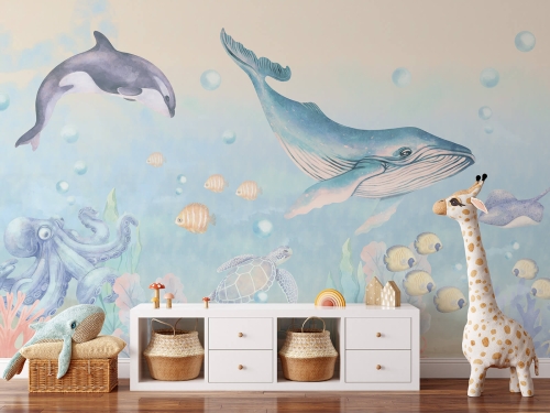 tapeta morska niebieska ocean wieloryby do pokoju dziecka