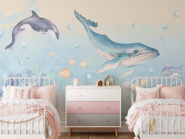 tapeta morska niebieska ocean wieloryby do pokoju dziecka