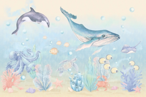 tapeta morska niebieska ocean wieloryby do pokoju dziecka