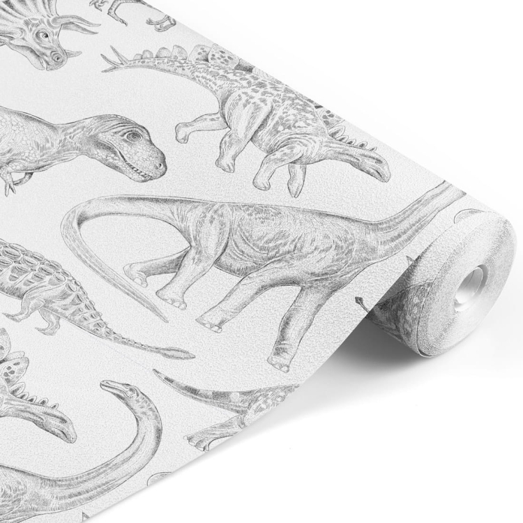biała tapeta w dinozaury do pokoju chłopca pastelove love