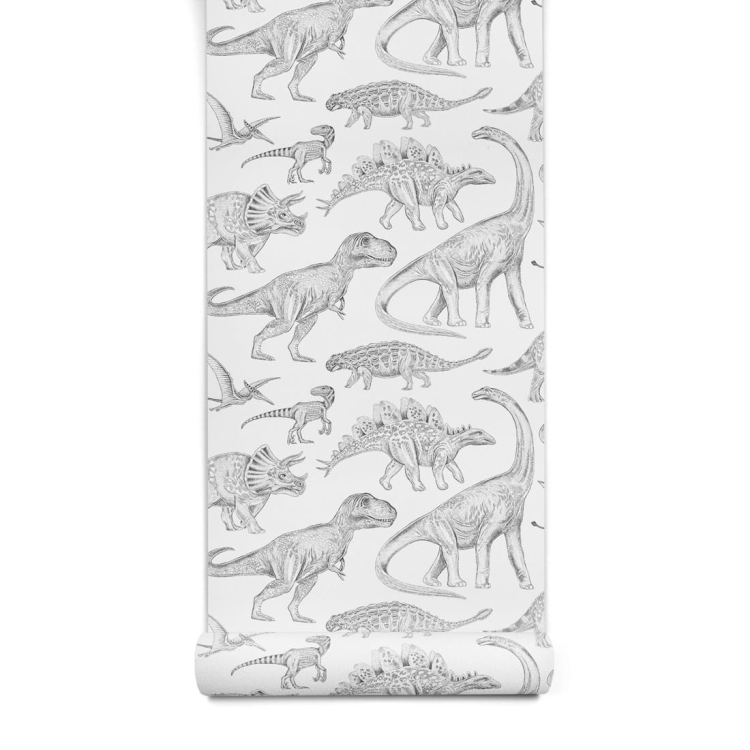 biała tapeta w dinozaury do pokoju chłopca pastelove love
