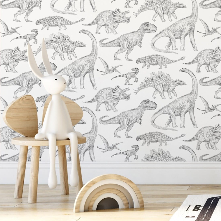 biała tapeta w dinozaury do pokoju chłopca pastelove love