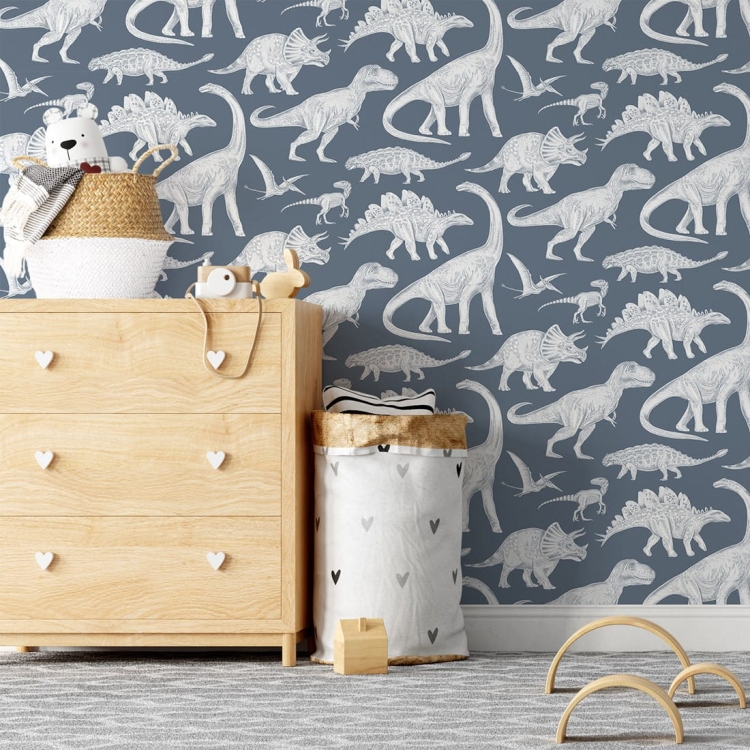 tapeta niebieska w dinozaury do pokoju chłopca