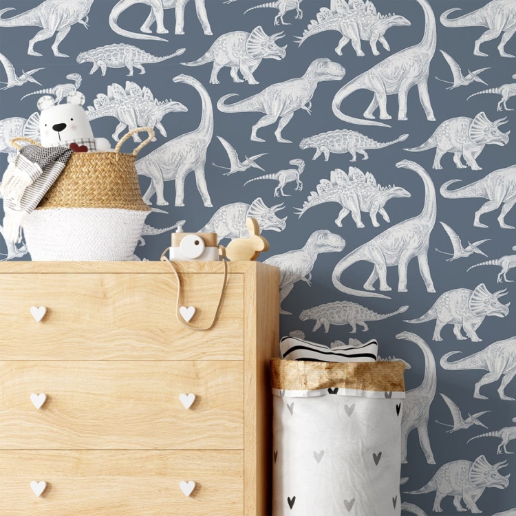 tapeta niebieska w dinozaury do pokoju chłopca