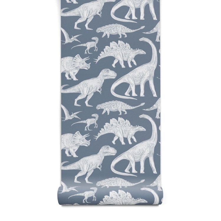 tapeta niebieska w dinozaury do pokoju chłopca