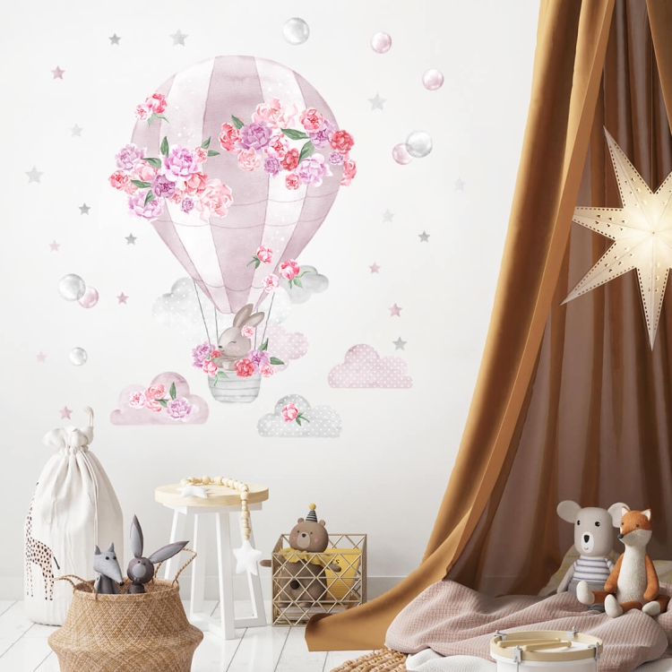 naklejka na ścianę różowa balon piwonie i króliczek