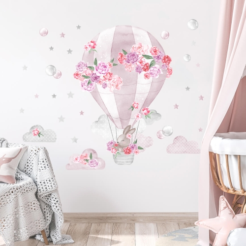 naklejka na ścianę różowa balon piwonie i króliczek
