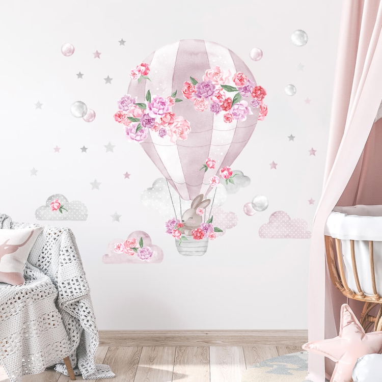 naklejka na ścianę różowa balon piwonie i króliczek