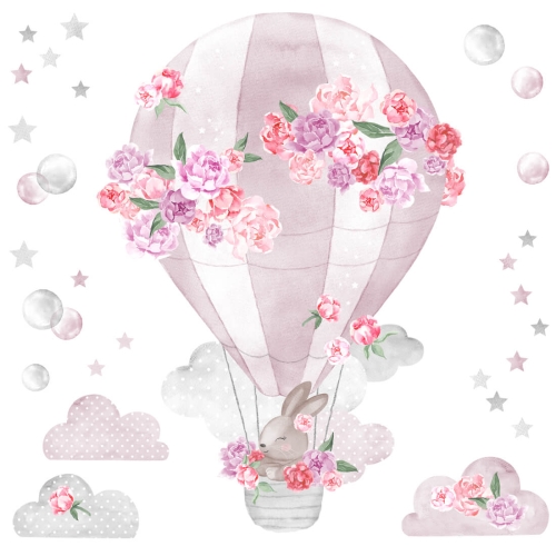 naklejka na ścianę różowa balon piwonie i króliczek