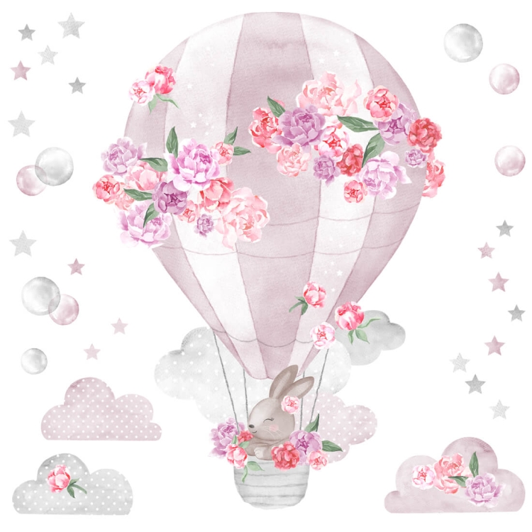 naklejka na ścianę różowa balon piwonie i króliczek