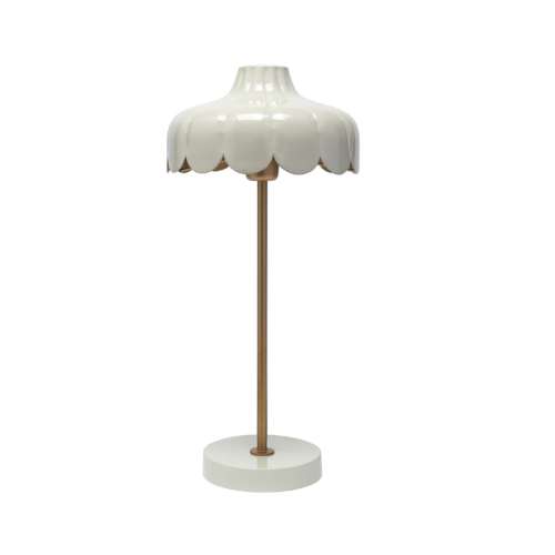 Lampa stołowa Wells beżowa w stylu retro z abażurem w kształcie kwiatu i złotą podstawą, idealna do pokoju nastolatki, dziewczynki lub sypialni.