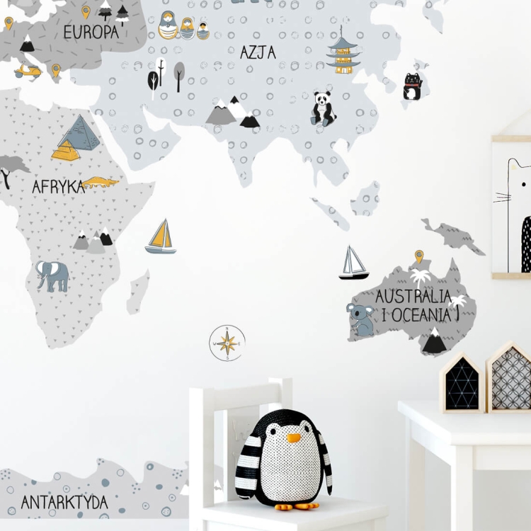 naklejka na ścianę do pokoju dziecka mapa świata szara
