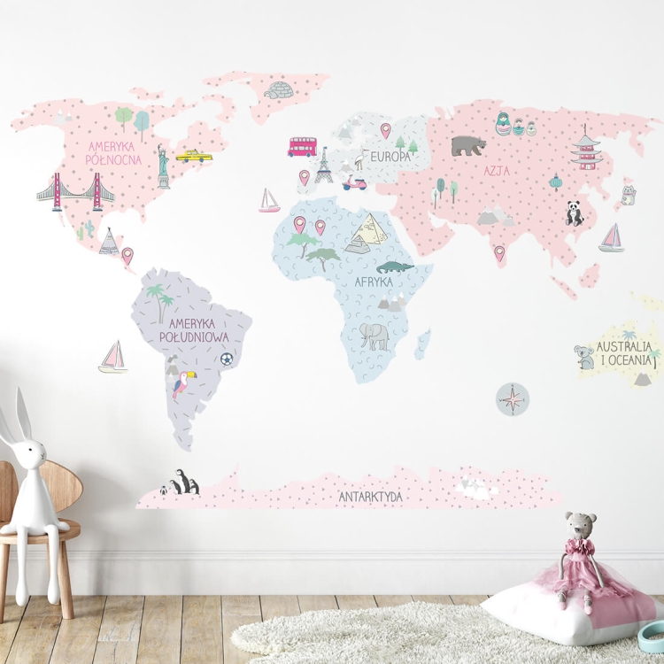 naklejka na ścianę dla dziewczynki mapa świata