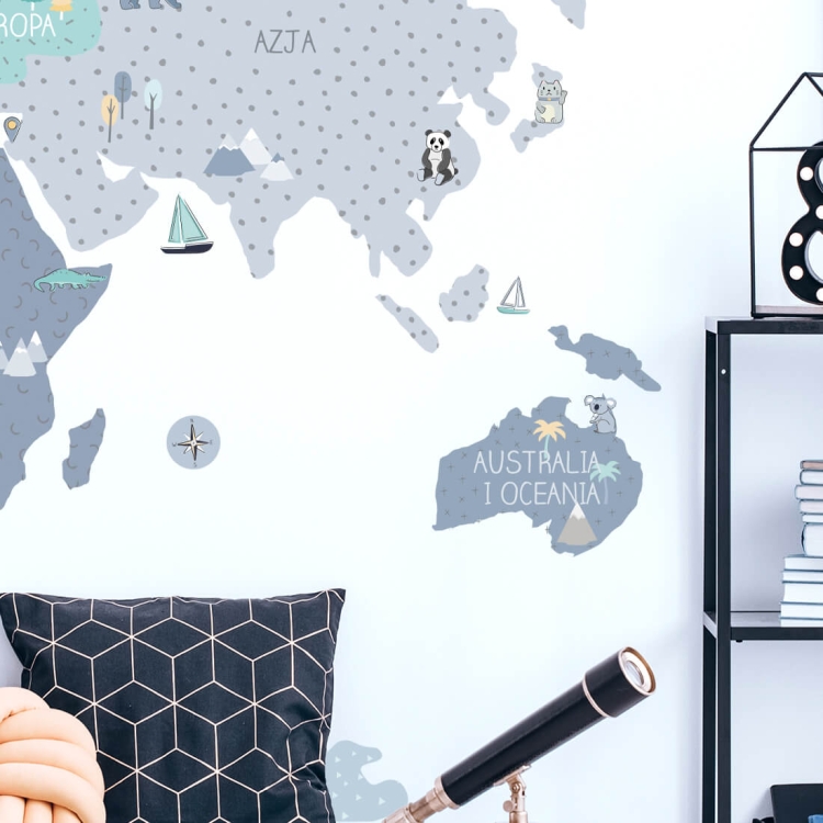 naklejka na ścianę mapa świata niebieska do pokoju chłopca
