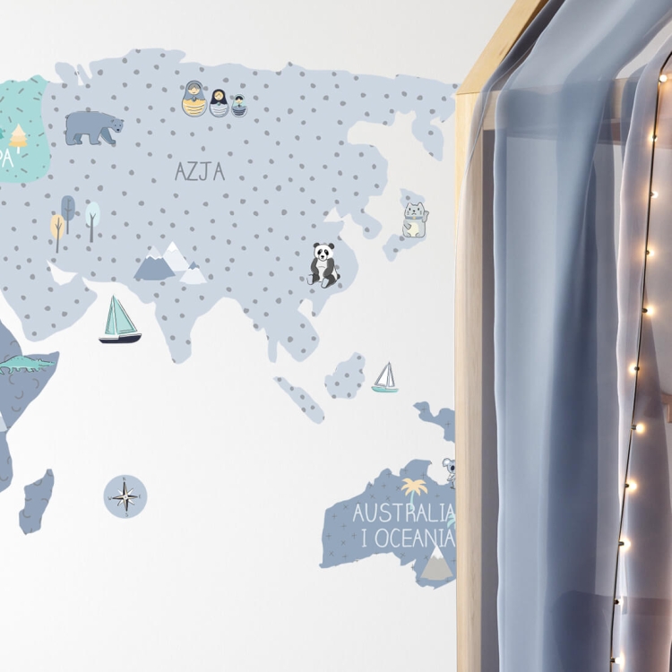 naklejka na ścianę mapa świata niebieska do pokoju chłopca