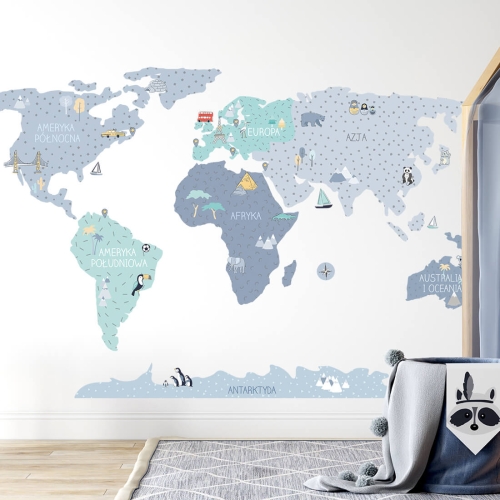 naklejka na ścianę mapa świata niebieska do pokoju chłopca