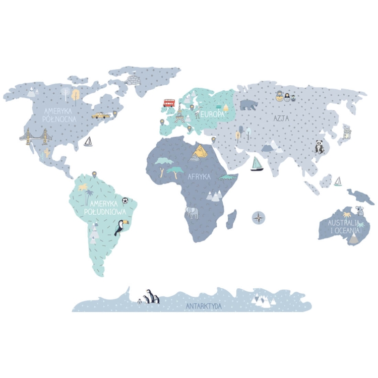 naklejka na ścianę mapa świata niebieska do pokoju chłopca