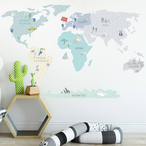 naklejka na ścianę duża mapa świata miętowa
