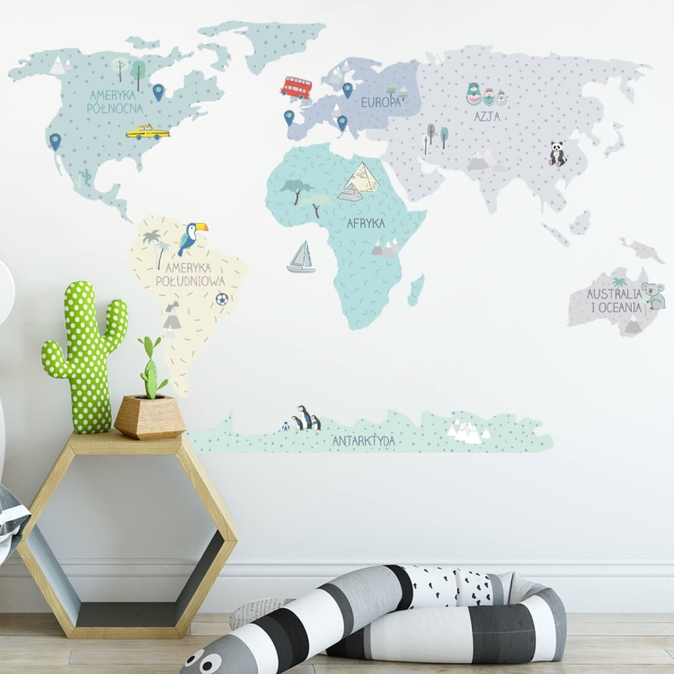 naklejka na ścianę duża mapa świata miętowa