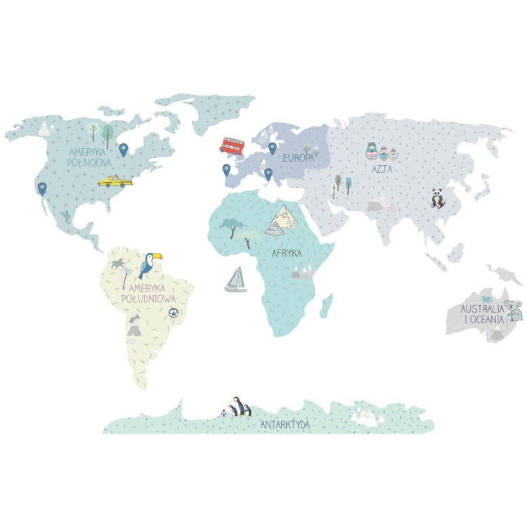 naklejka na ścianę duża mapa świata miętowa