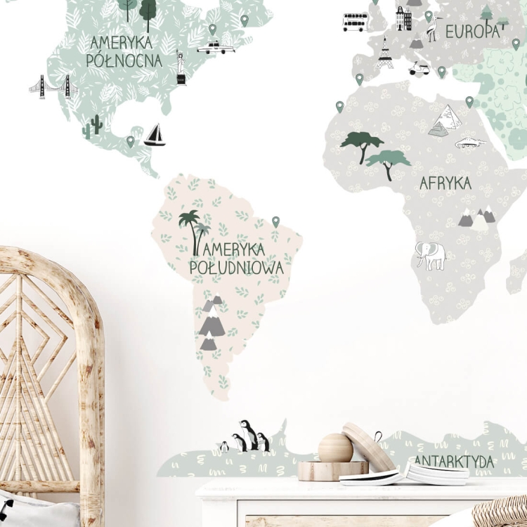 naklejka na ścianę mapa świata pudrowy róż i zieleń