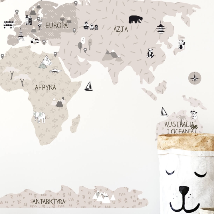 naklejka na ścianę duża mapa świata beżowa