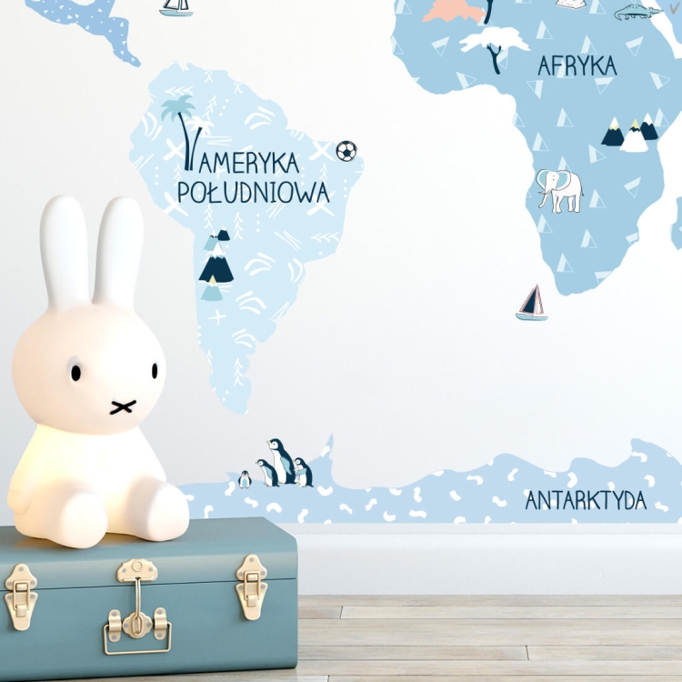 naklejka na ścianę dla chłopca niebieska duża mapa świata