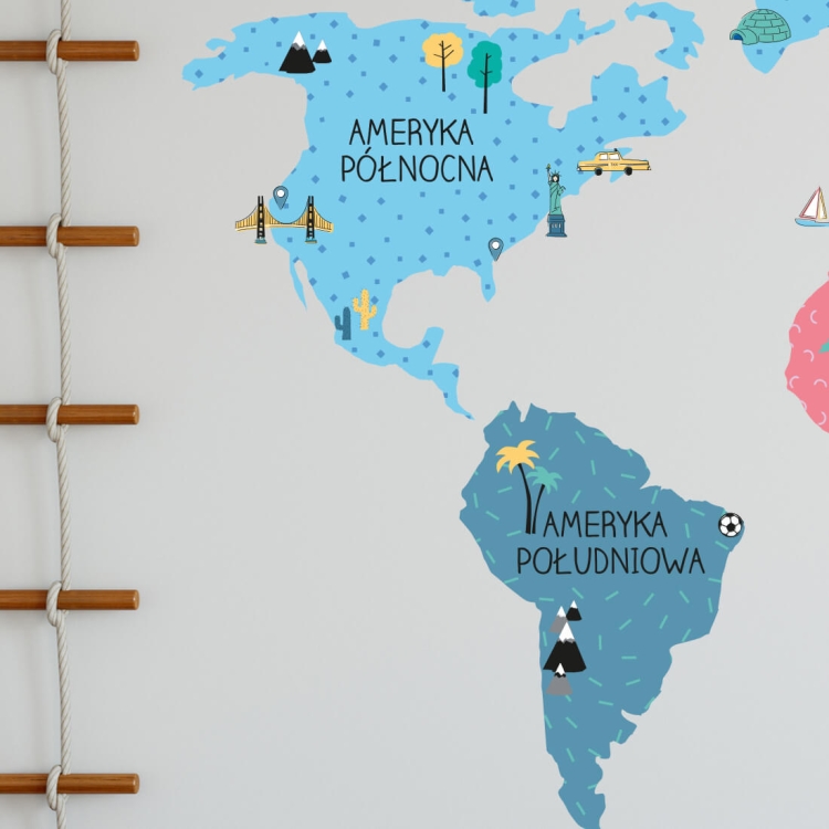 naklejka na ścianę kolorowa mapa świata do pokoju nastolatka