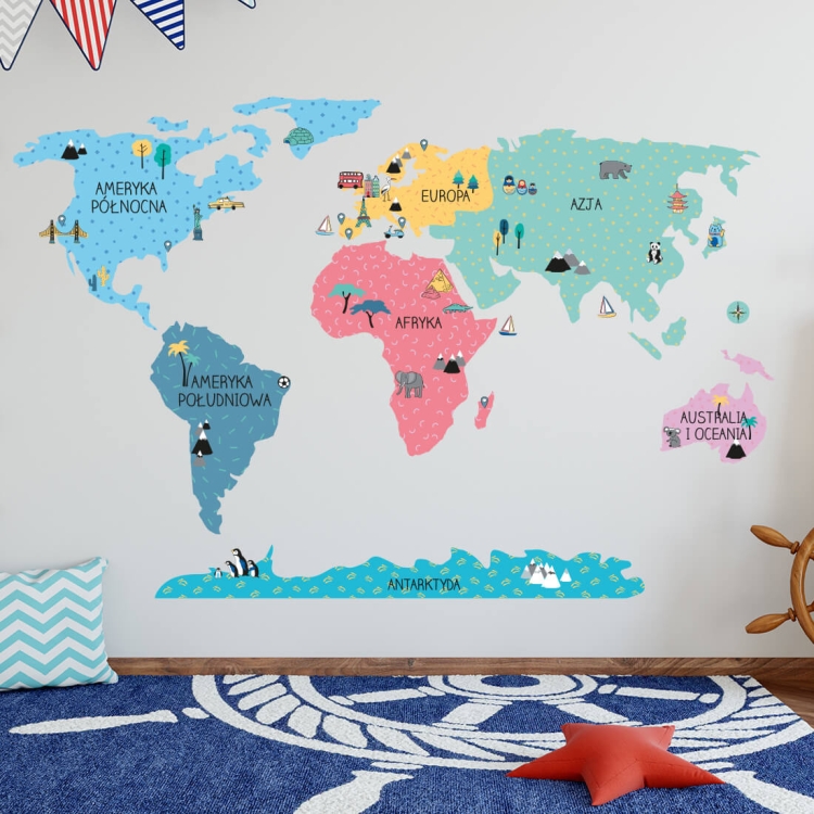 naklejka na ścianę kolorowa mapa świata do pokoju nastolatka