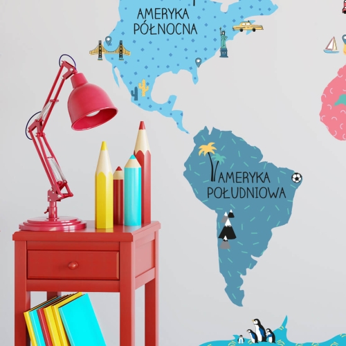 naklejka na ścianę kolorowa mapa świata do pokoju nastolatka