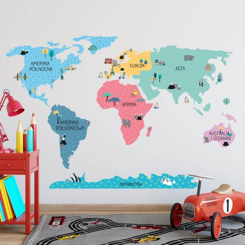 naklejka na ścianę kolorowa mapa świata do pokoju nastolatka