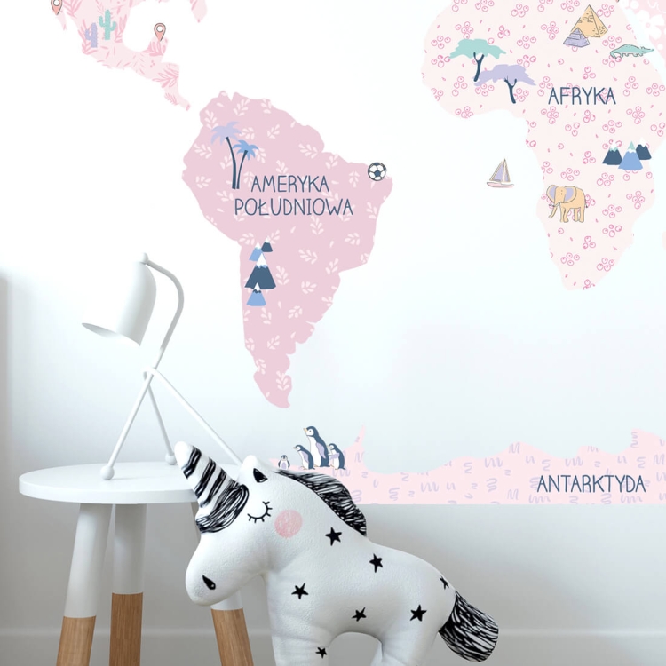 naklejka na ścianę dla dziewczynki mapa świata pudrowy róż