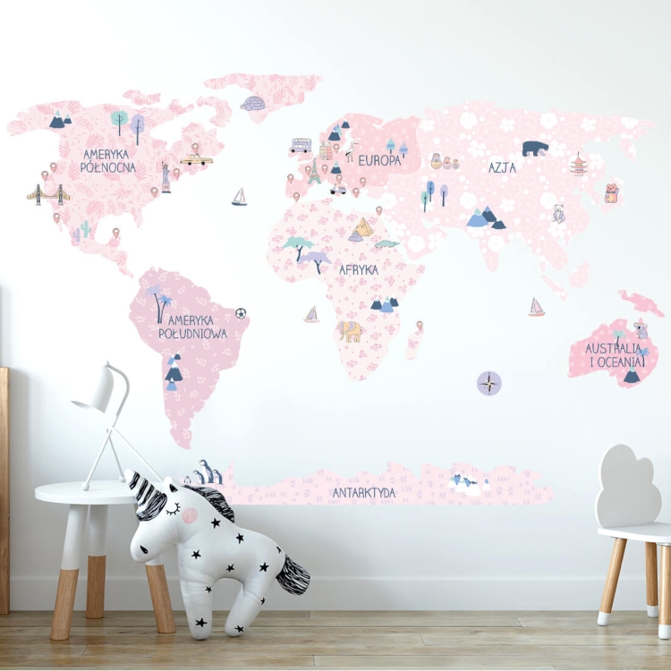 naklejka na ścianę dla dziewczynki mapa świata pudrowy róż