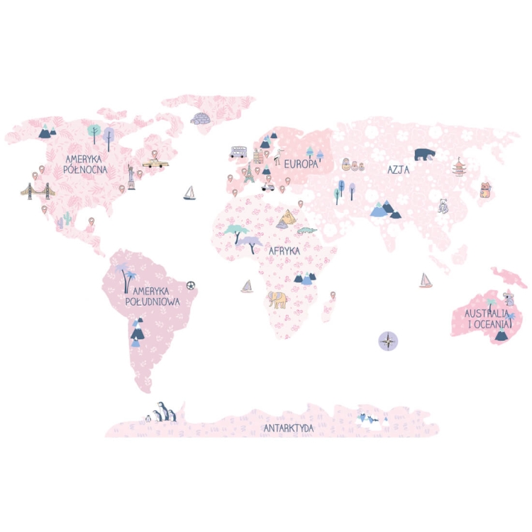 naklejka na ścianę dla dziewczynki mapa świata pudrowy róż