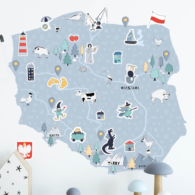 naklejka na ścianę do pokoju dziecka niebieska mapa Polski