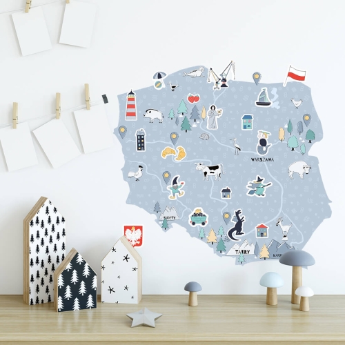 naklejka na ścianę do pokoju dziecka niebieska mapa Polski