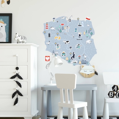 naklejka na ścianę do pokoju dziecka niebieska mapa Polski