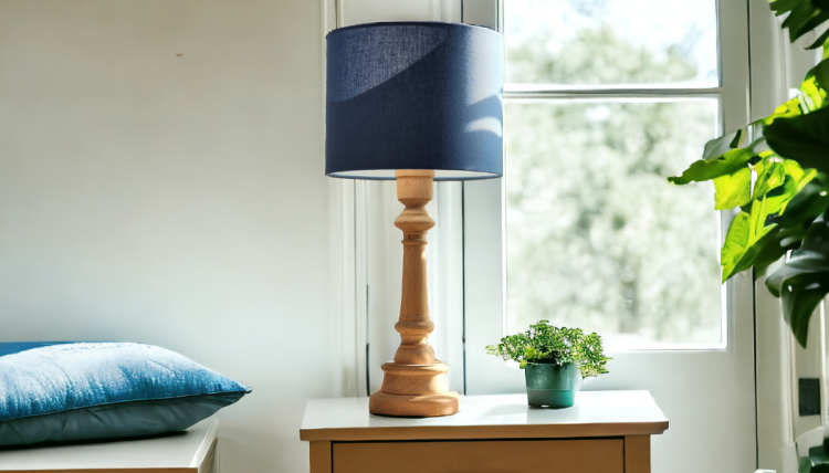 lampa stołowa drewniana z niebieskim kloszem
