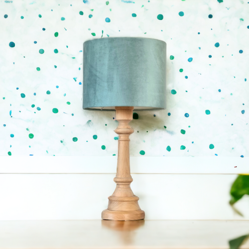 lampa stojąca drewniana aksamitna miętowa