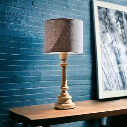 lampa stojąca drewniana szara lniana do pokoju nastolatka