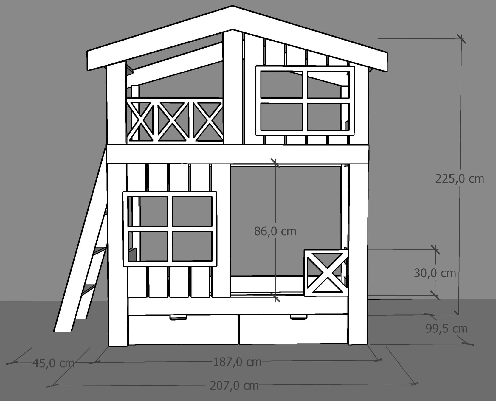 Łóżko piętrowe ze sklejki Tree House – domek na drzewie z oknem i dachem – Rozmiary materaca i odstęp drabinki